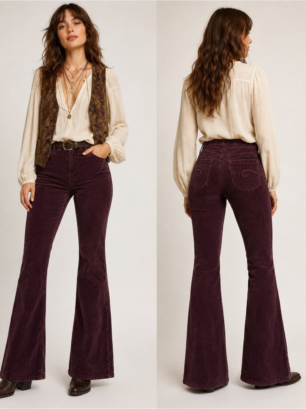 Faded Glory Plum 70’s Dark Academia Bohemian Corduroy Whimsy Flare Pants Size 10
